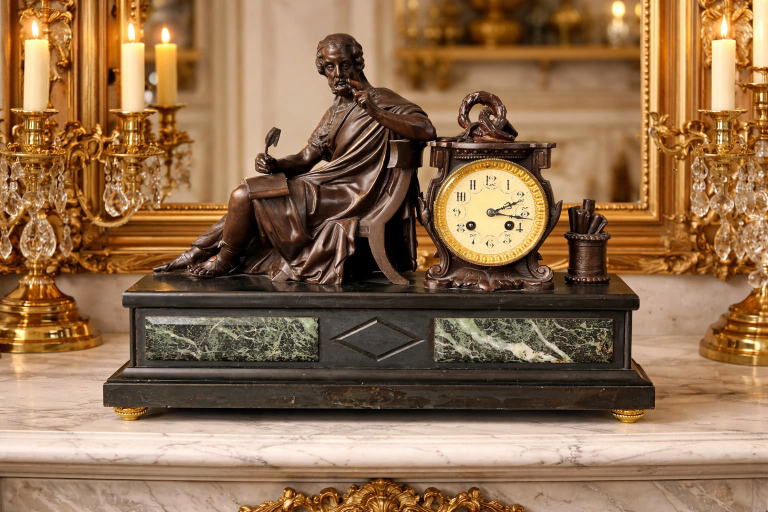 Ceas de șemineu în stil Neo-Clasic, din bronz și marmură, decorat cu figura lui Platon, sec. XIX - Artiss