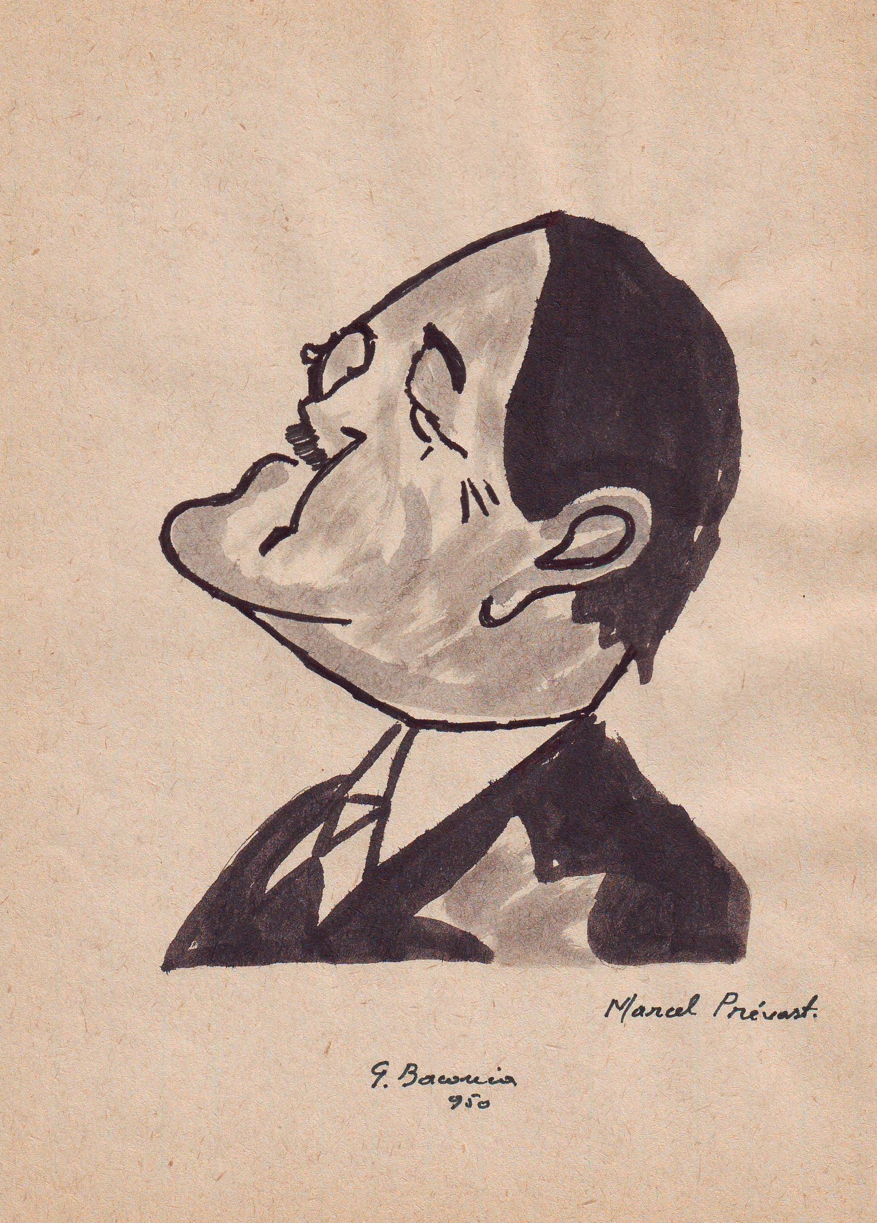 George Bacovia - Lot de 3 caricaturi (Marcel Prevost, Maurice Larrovy, Personaj cu palarie si ochelari)