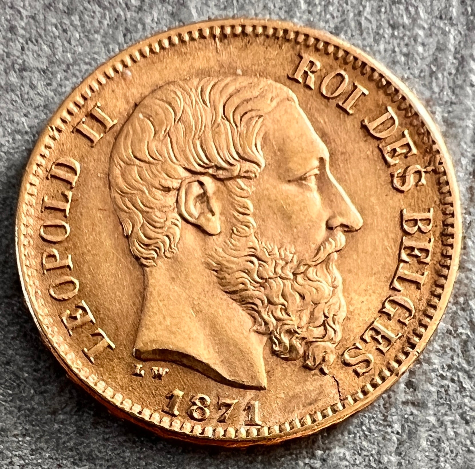 MONEDĂ 20 FRANCI 1871, Leopold II, Belgia, AUR - Artiss