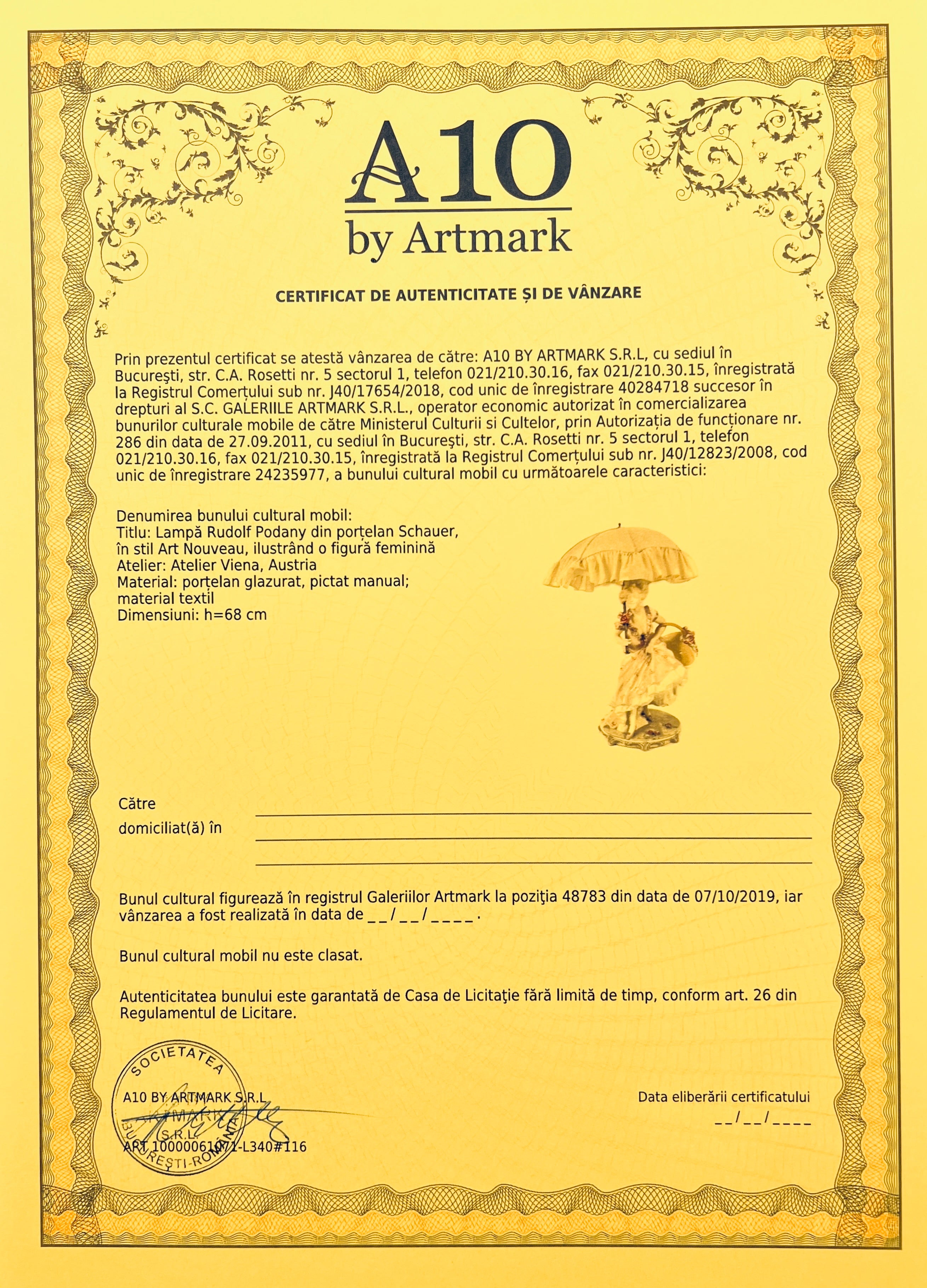 Lampă Rudolf Podany din porțelan Schauer, în stil Art Nouveau, ilustrând o figură feminină