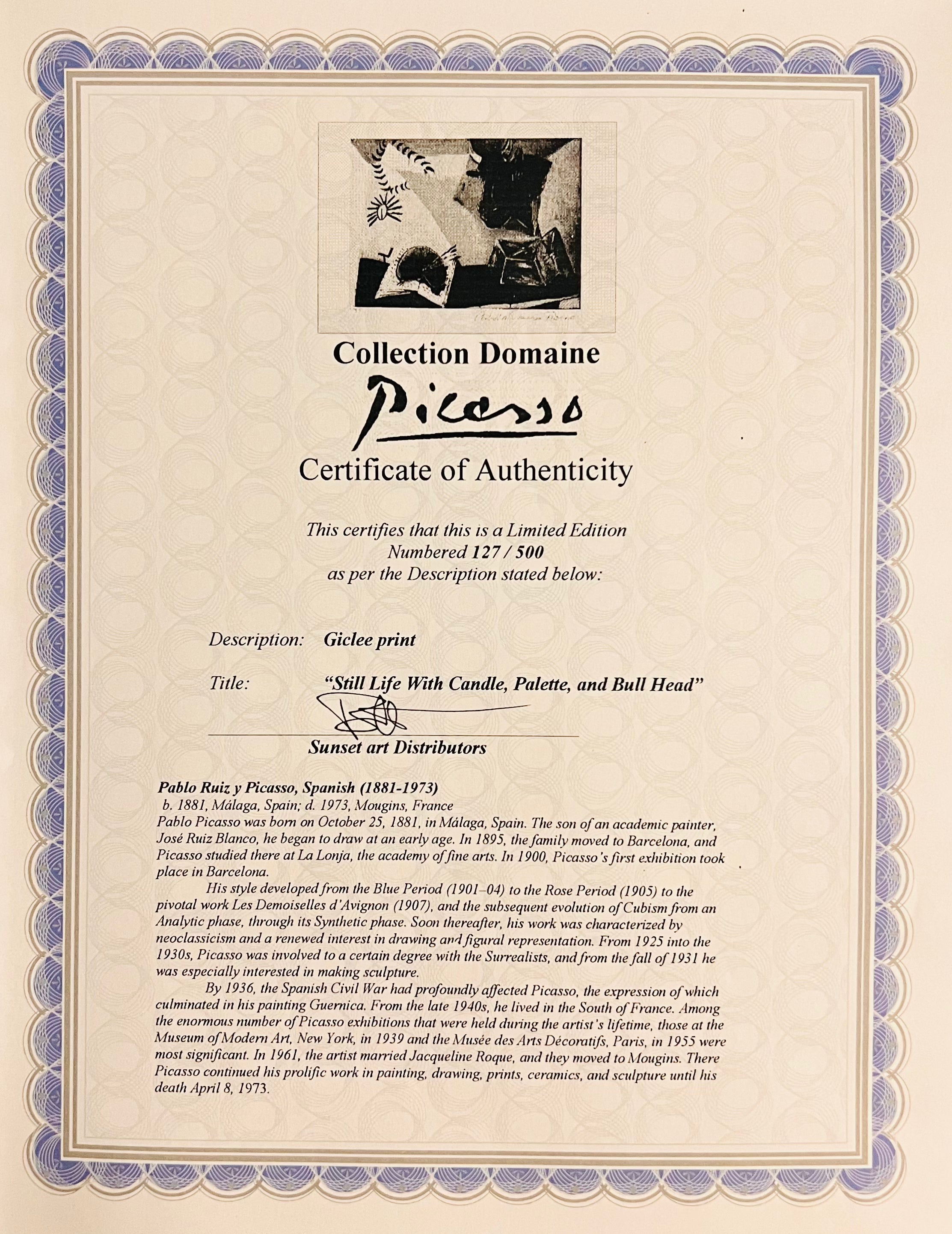 Pablo Picasso - Still Life with Candle ,Palette and Bull Head - Artiss