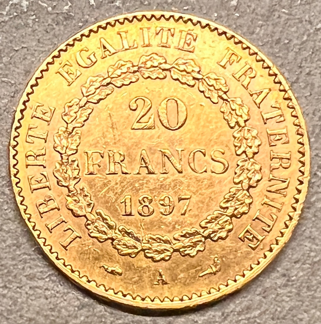 COIN 20 francs Génie, Paris, 1897, FRANCE, GOLD