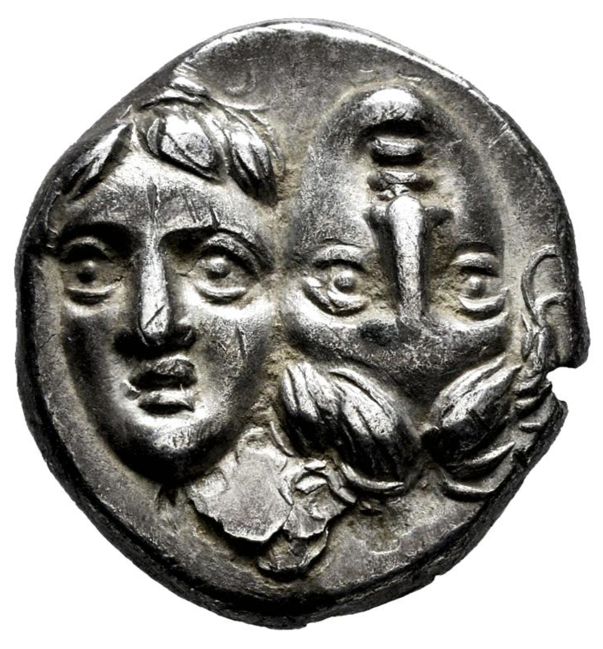 Monedă Drahmă, tip Gemenii - cele două fețe ale Dunării, Histria, 434-300 î.e.n., argint (clasată tezaur)