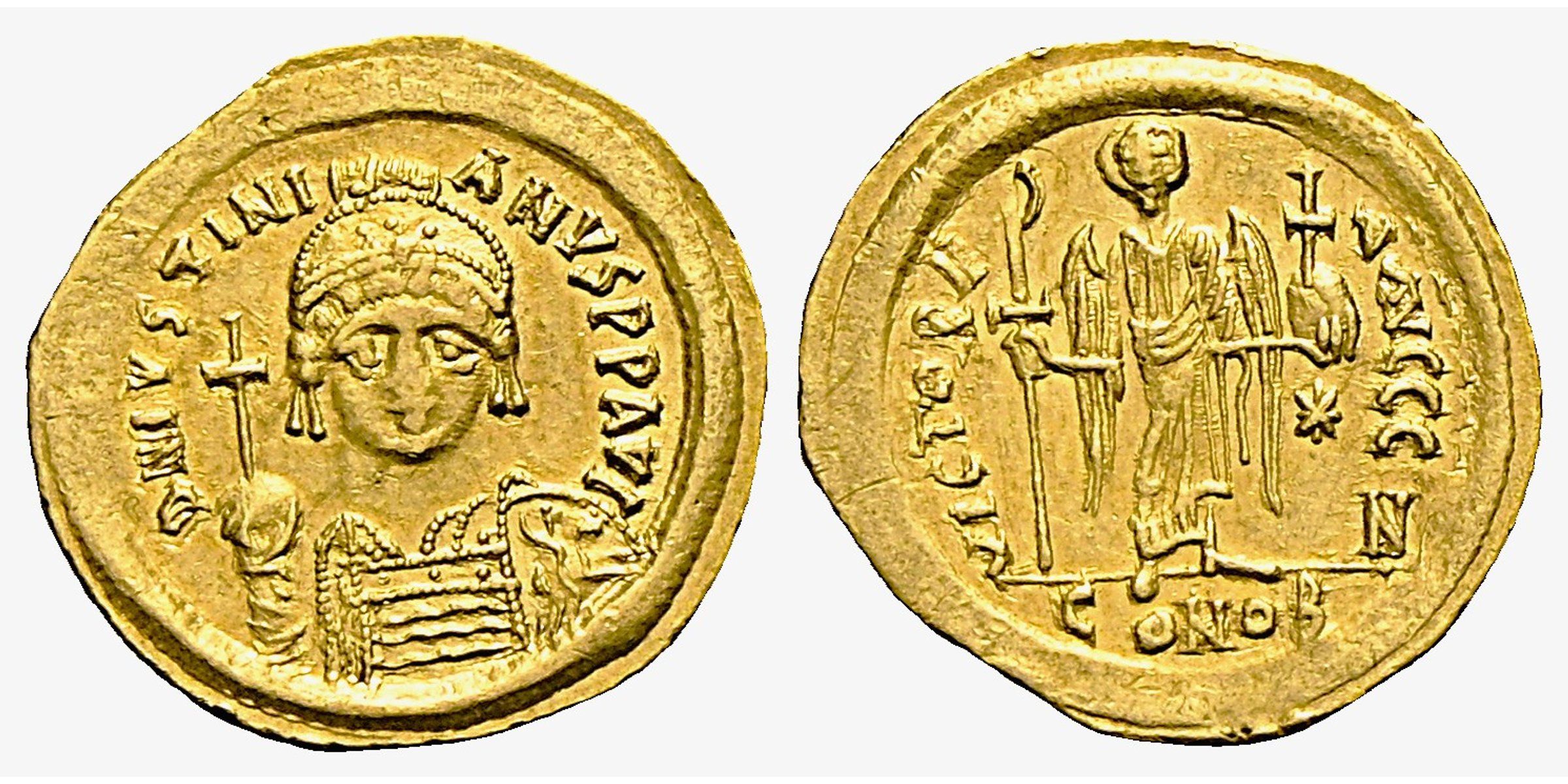 Monedă Solidus, Iustinian I cel Mare, Imperiul Bizantin, 542–565 e.n., aur (clasată tezaur)