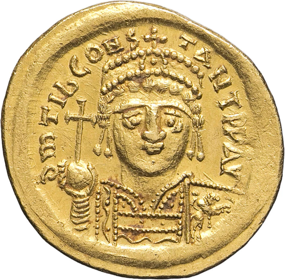 Monedă Solidus, Tiberius al II-lea Constantin, Imperiul Bizantin, 578–582 e.n., aur (clasată tezaur)
