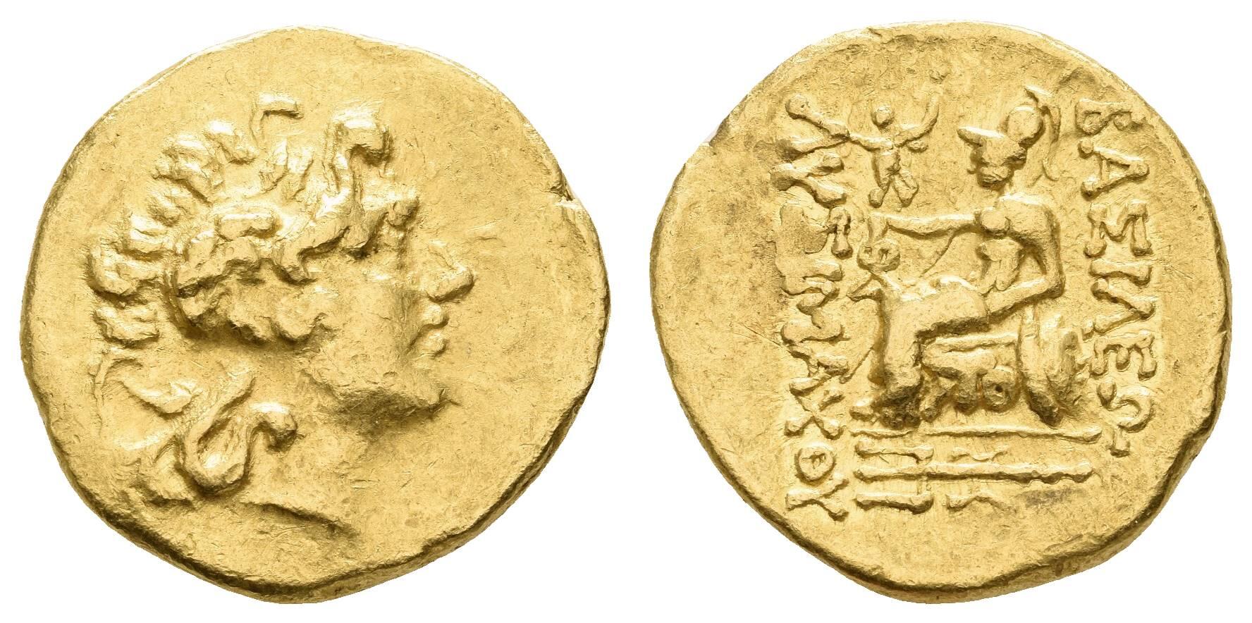 Monedă Stater, Mithridates VI Eupator, Regele Pontului, în numele lui Lysimachos, bătută la Tomis, cca. 88-86 î.e.n., aur, (clasată tezaur)