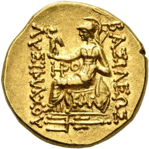 Monedă Stater, Mithridates VI Eupator, Regele Pontului, în numele lui Lysimachos, bătută la Callatis, cca. 88-86 î.e.n., aur, (clasată tezaur)