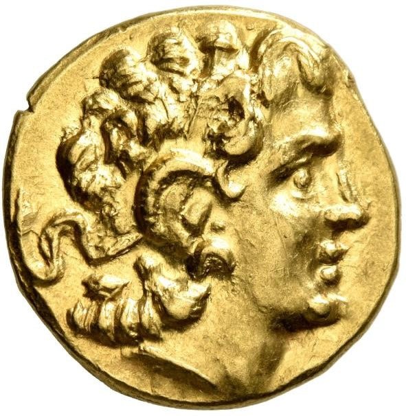 Monedă Stater, Mithridates VI Eupator, Regele Pontului, în numele lui Lysimachos, bătută la Callatis, cca. 88-86 î.e.n., aur, (clasată tezaur)