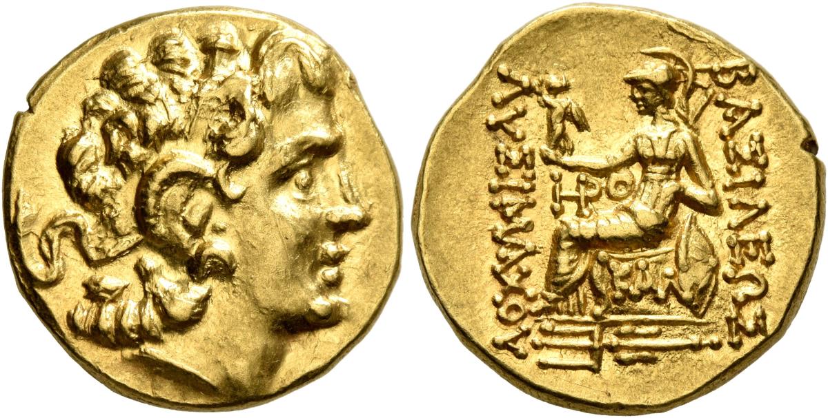 Monedă Stater, Mithridates VI Eupator, Regele Pontului, în numele lui Lysimachos, bătută la Callatis, cca. 88-86 î.e.n., aur, (clasată tezaur)