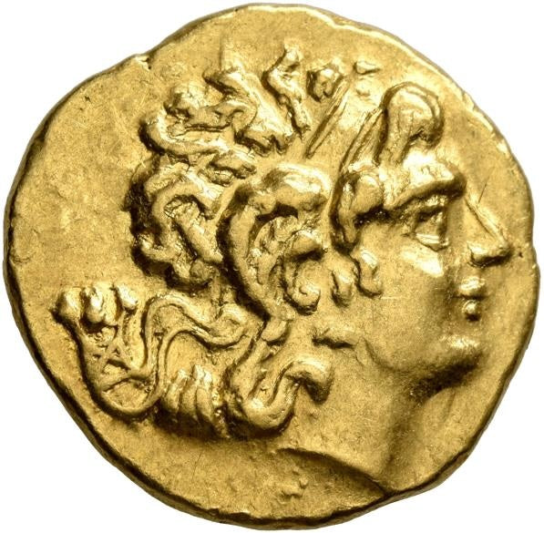 Monedă Stater, Mithridates VI Eupator, Regele Pontului, în numele lui Lysimachos, bătută la Tomis, cca. 88-86 î.e.n., aur, (clasată tezaur)
