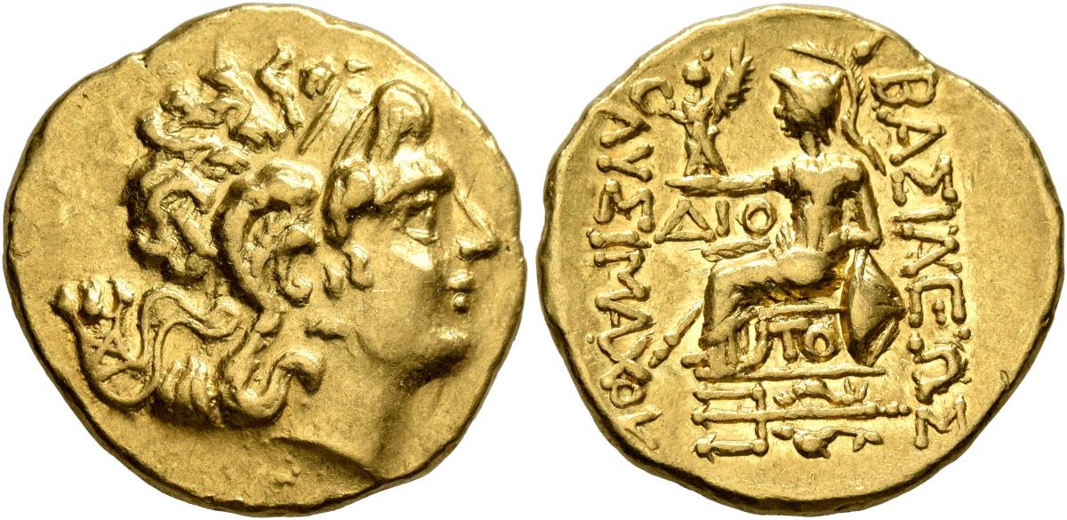 Monedă Stater, Mithridates VI Eupator, Regele Pontului, în numele lui Lysimachos, bătută la Tomis, cca. 88-86 î.e.n., aur, (clasată tezaur)