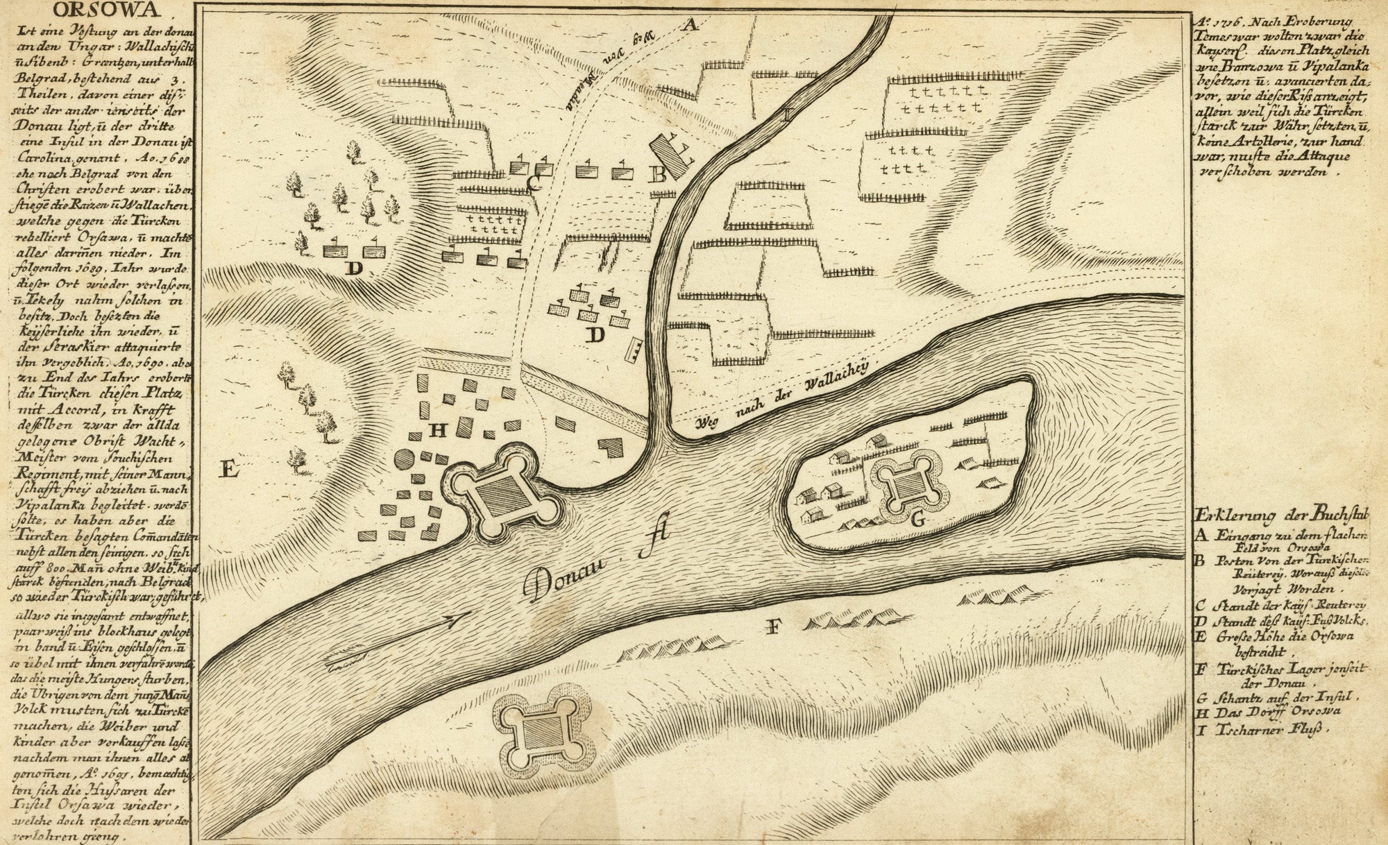 Vedută ”Orșova”, cu insula Ada Kaleh, de Gabriel Bodenehr, 1720