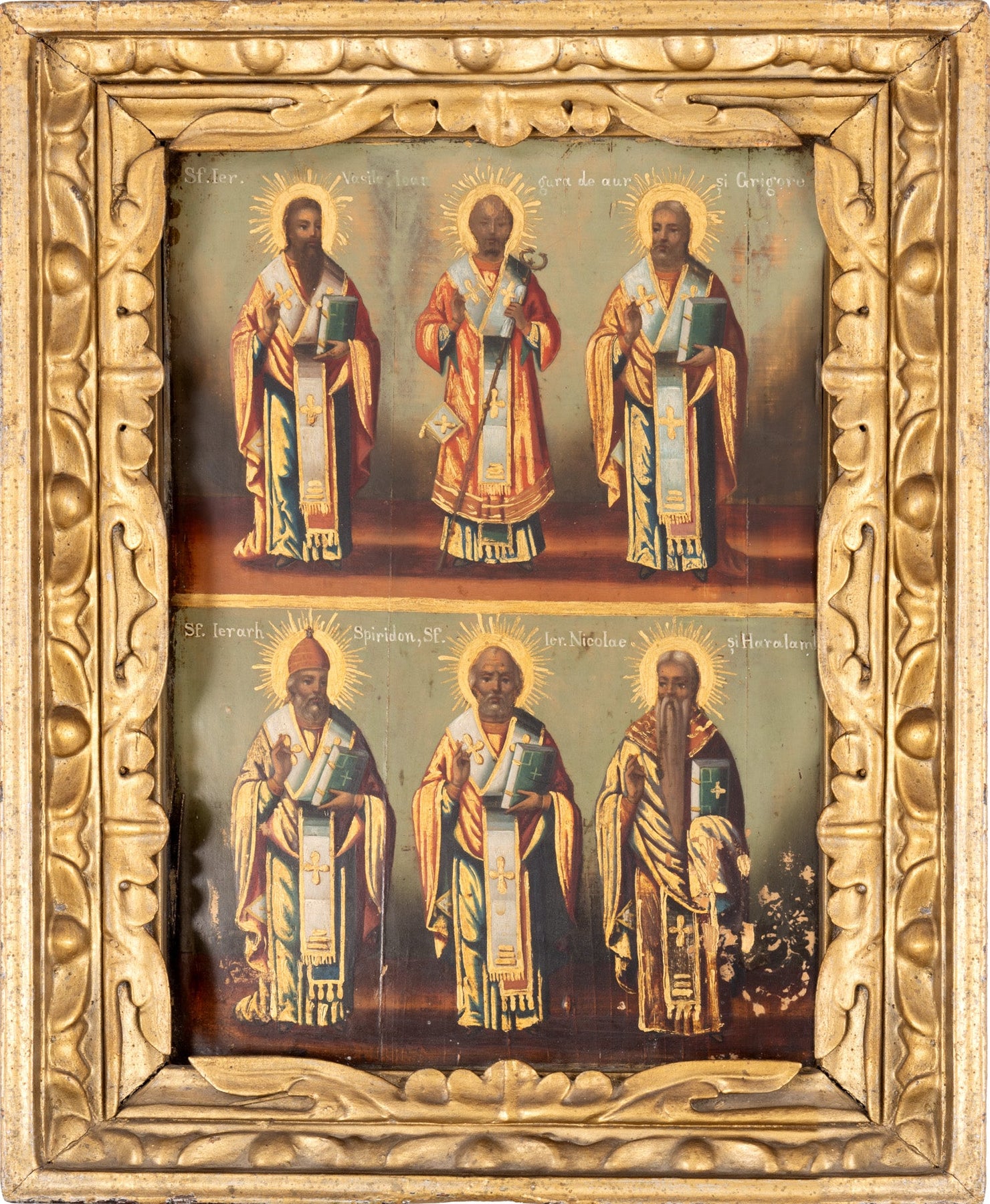 Icoană pe lemn "Sfinții Ierarhi Vasile, Ioan gură de aur, Grigore, Spiridon, Nicolae și Haralambie"