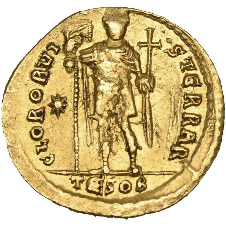 Monedă Solidus, Teodosius II, Imperiul Bizantin, 424-425 e.n., aur (ÎN CLASARE) - Artiss
