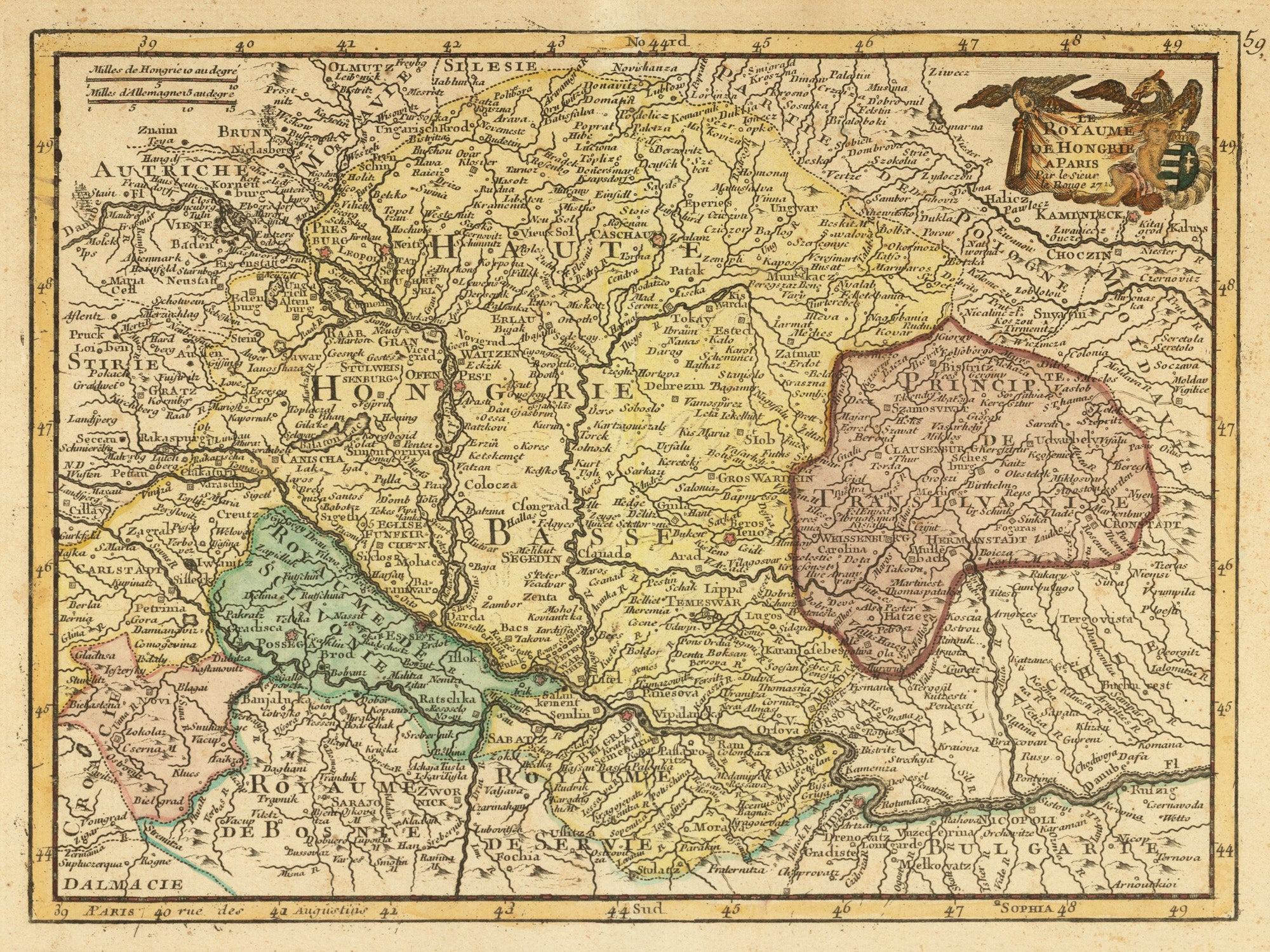 Hartă ”Le Royaume de Hongrie”, de George Louis Le Rouge, Paris, 1713