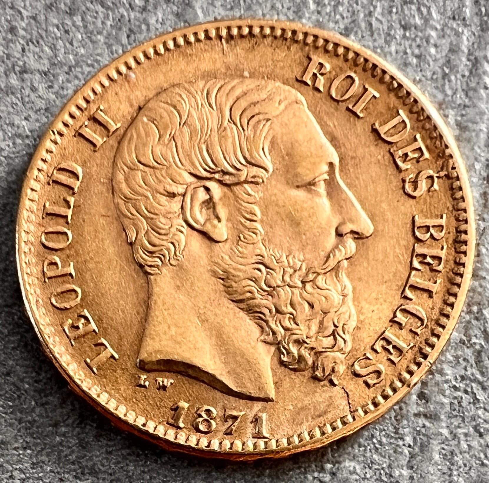 MONEDĂ 20 FRANCI 1871, Leopold II, Belgia, AUR