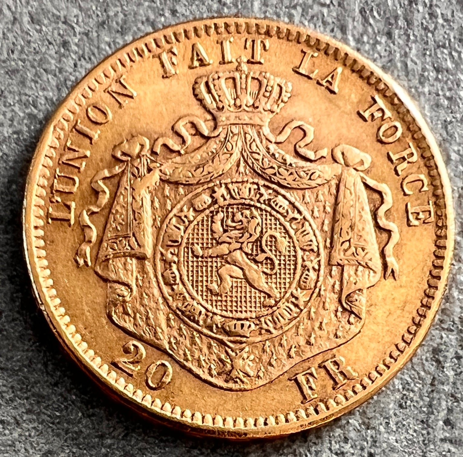 MONEDĂ 20 FRANCI 1871, Leopold II, Belgia, AUR