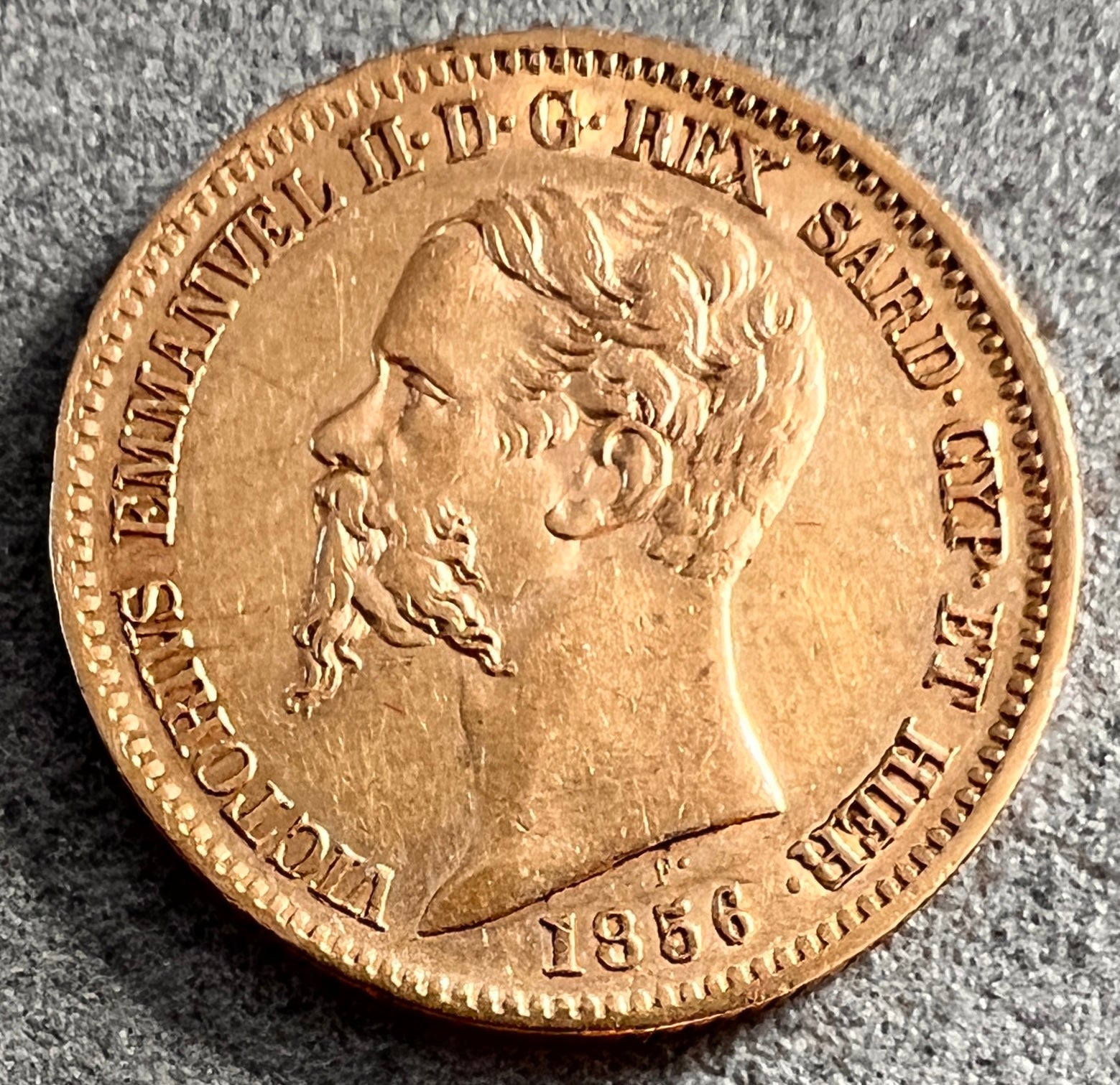 Monedă 20 lire, 1856, Victor Emanuel II, Sardinia, aur