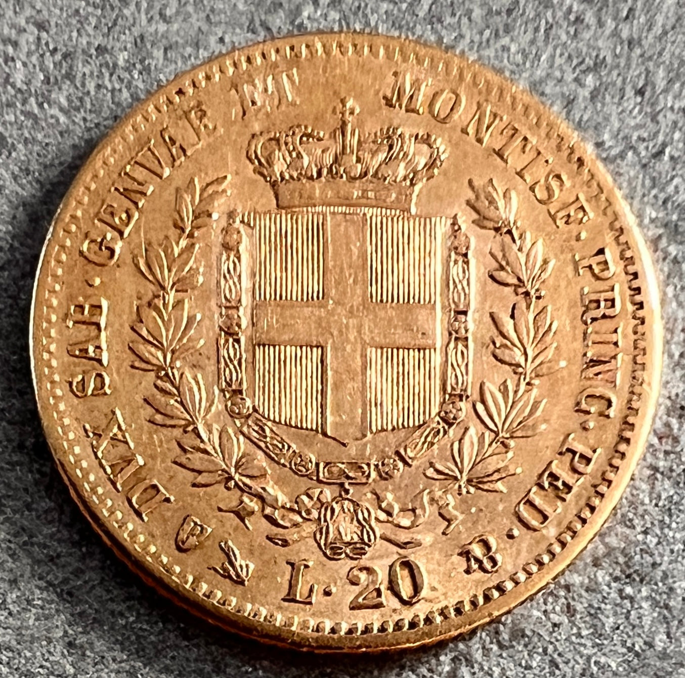 Monedă 20 lire, 1856, Victor Emanuel II, Sardinia, aur