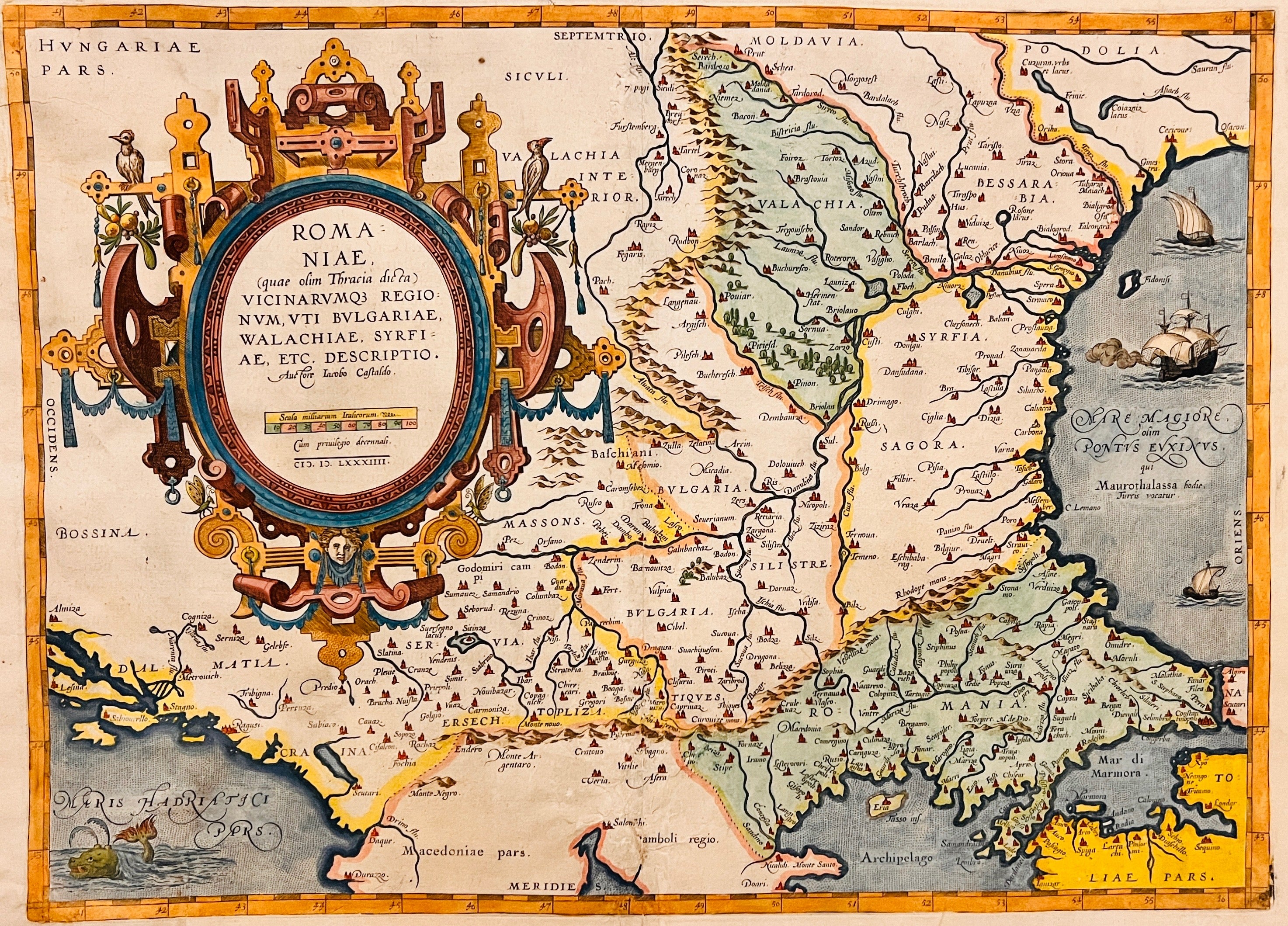 Hartă ”Romaniae", de Iacobo Castaldo, tipărită de Abraham Ortelius, atlasul Theatrum Orbis Terrarum, Antwerp, 1584 - Artiss