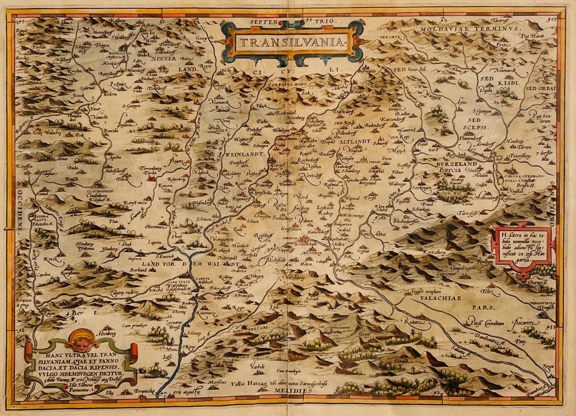 Hartă ”Transilvania”, de Johannes Sambucus, tipărită de Abraham Ortelius, atlasul Theatrum Orbis Terrarum, Antwerp, 1566 - Artiss