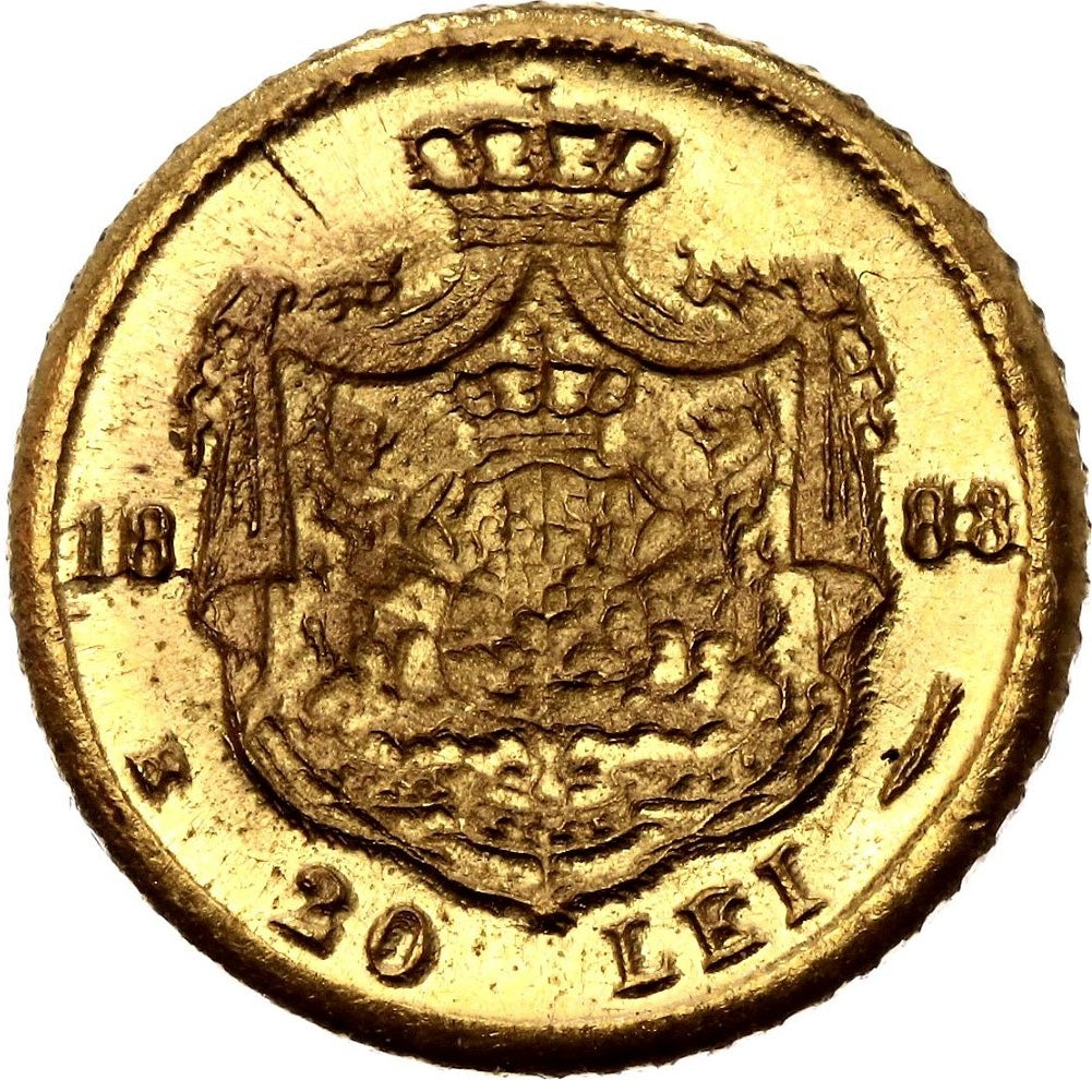Monedă 20 Lei 1883, Carol I Rege al României, fantasy miniature, aur