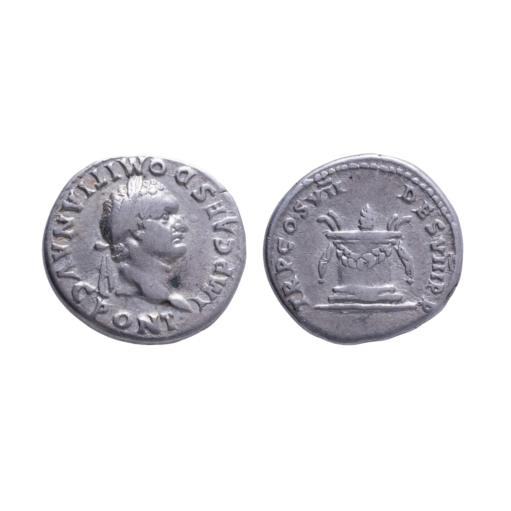 Monedă Denarius, Domitian, tip altarul aprins, 81-96 e.n., argint (clasată Fond)