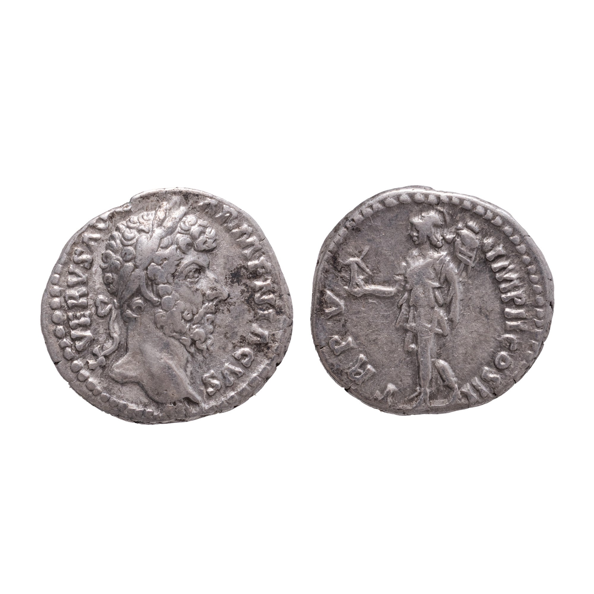 Monedă Denarius, Lucius Verus, tip Roma ținând Victoria și trofeul, 161-169 e.n., argint (clasată fond)
