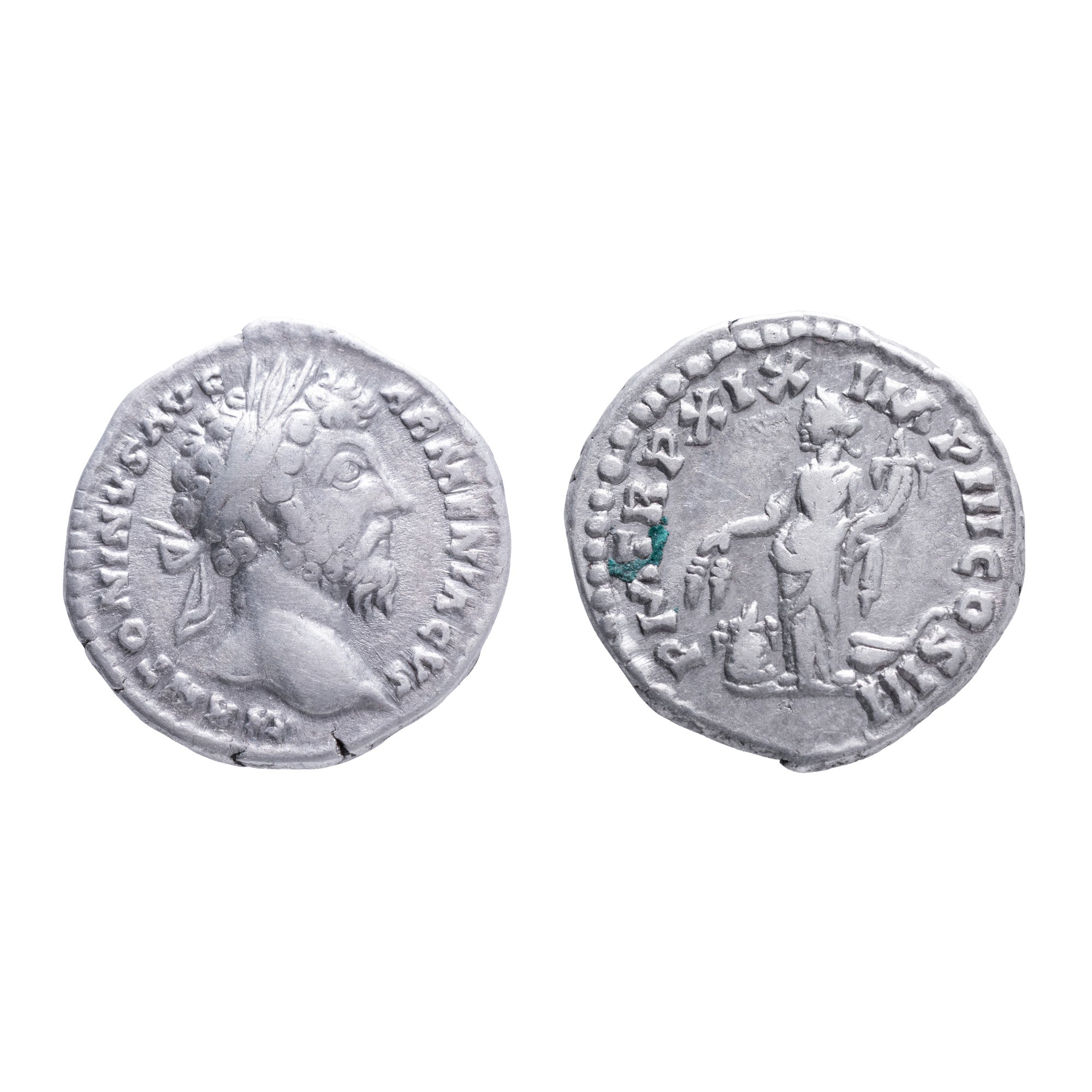 Monedă Denarius, Marcus Aurelius, tip Annona ținând cornucopia și grâne, 161-180 e.n., argint (clasată Fond)