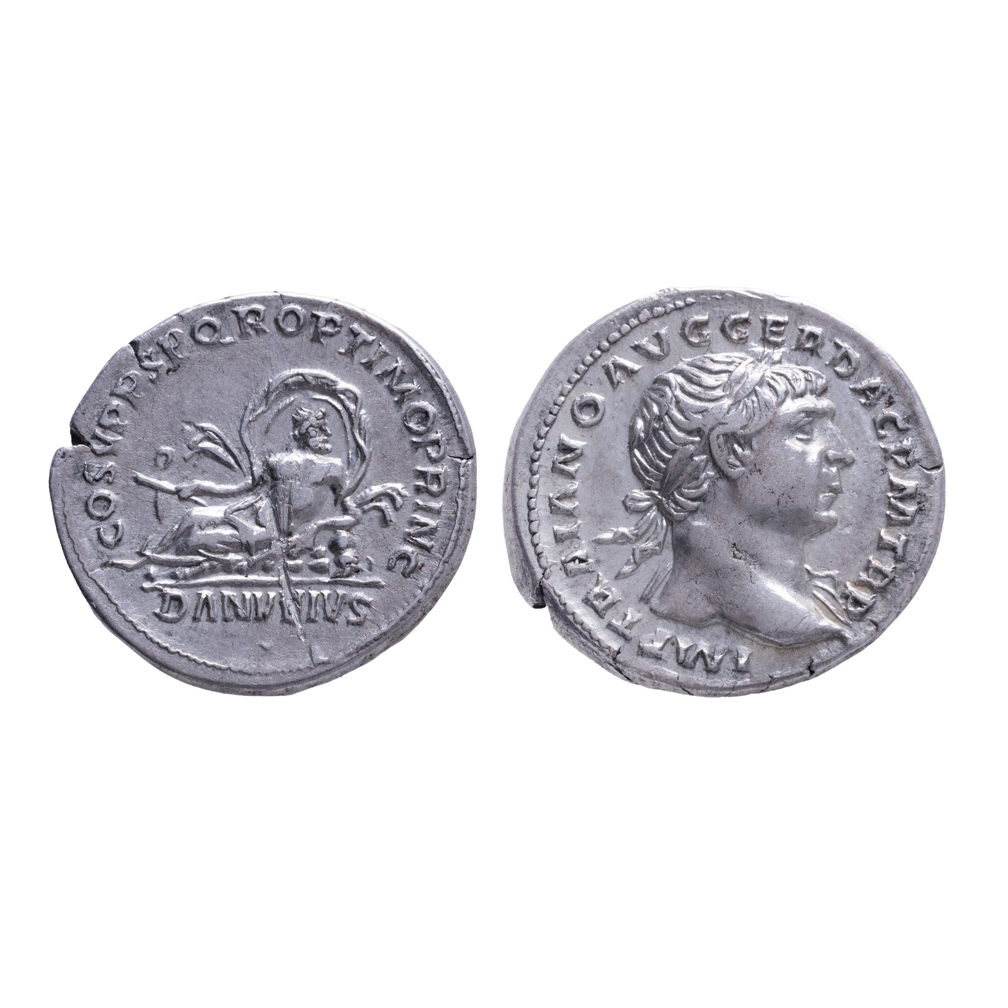 Monedă Denarius, Traian, tip Danubius (Dunărea personificată), 107-108 e.n., argint (clasată Fond)