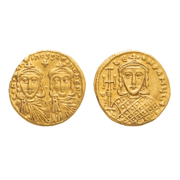 Monedă Solidus, Constantin V și Leon IV, Imperiul Roman de Răsărit, 756-764 e.n., aur