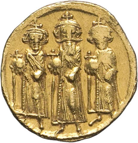 Monedă Solidus, Heraclius, Heraclius Constantin și Heraclonas, Imperiul Bizantin, 637–638 e.n., aur, cu certificat (clasată tezaur)