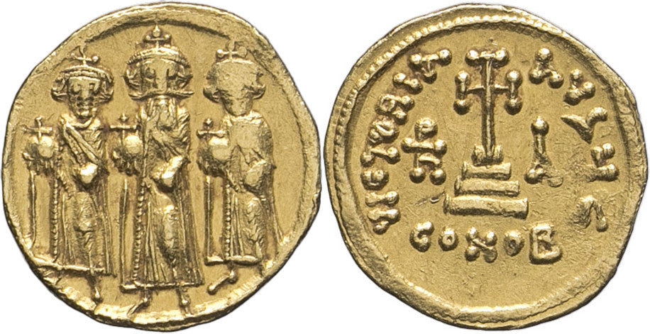 Monedă Solidus, Heraclius, Heraclius Constantin și Heraclonas, Imperiul Bizantin, 637–638 e.n., aur, cu certificat (clasată tezaur)