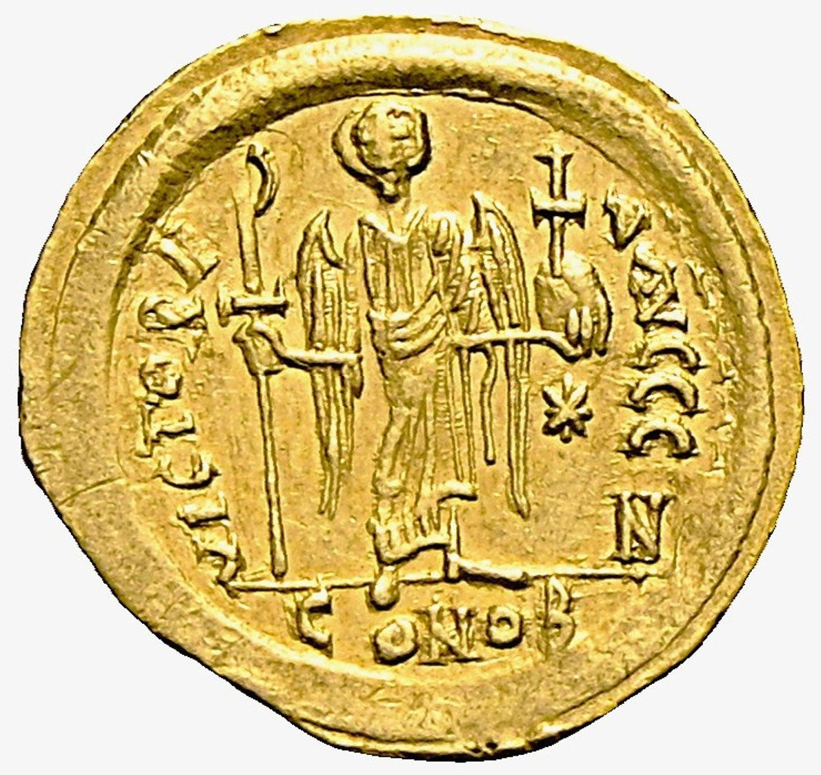 Monedă Solidus, Iustinian I cel Mare, Imperiul Bizantin, 542–565 e.n., aur (clasată tezaur)