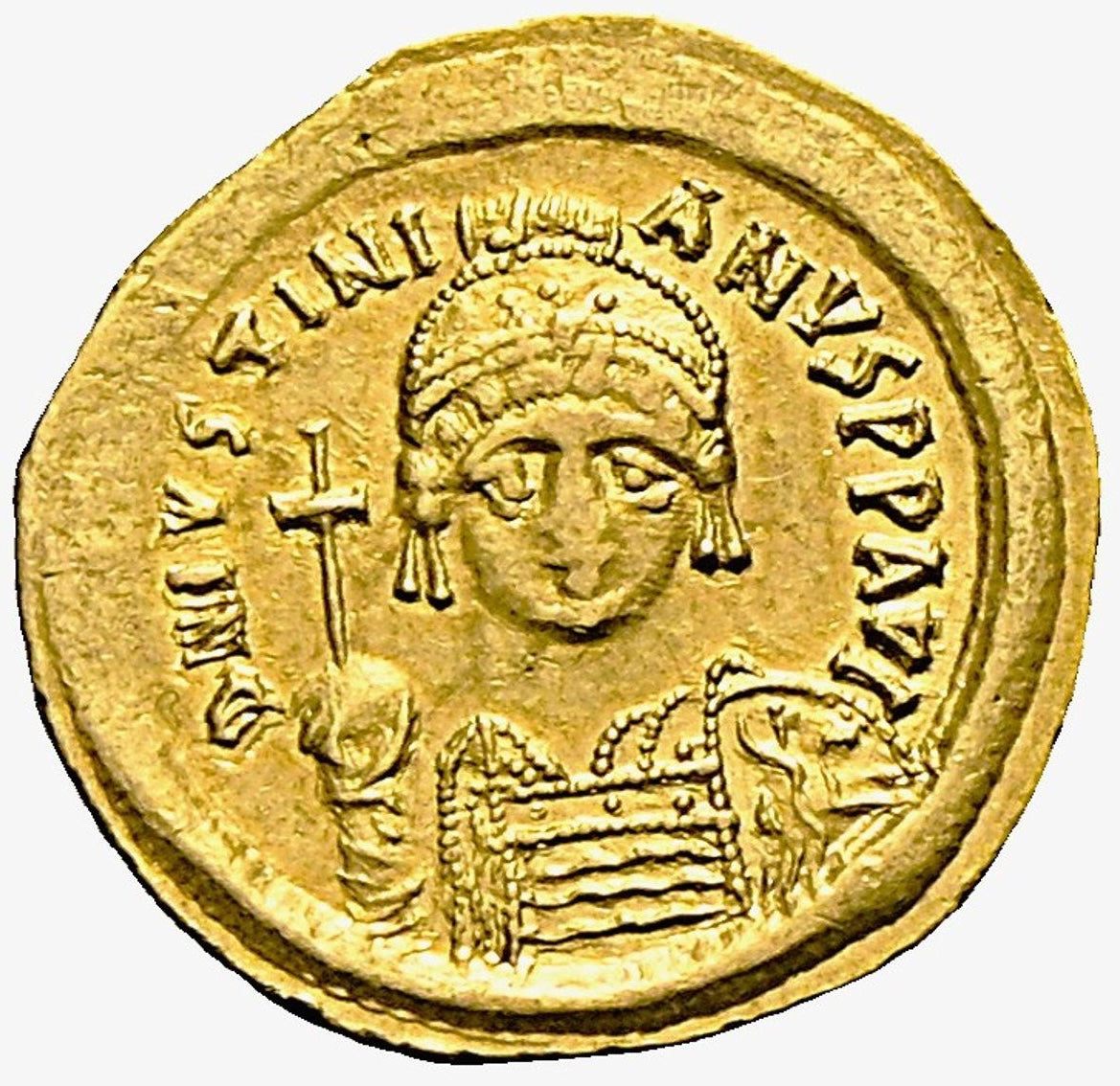 Monedă Solidus, Iustinian I cel Mare, Imperiul Bizantin, 542–565 e.n., aur (clasată tezaur)