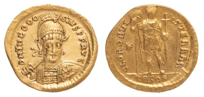 Monedă Solidus, Teodosius II, Imperiul Bizantin, 424-425 e.n., aur (ÎN CLASARE) - Artiss