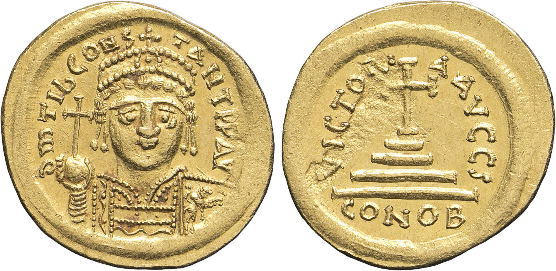 Monedă Solidus, Tiberius al II-lea Constantin, Imperiul Bizantin, 578–582 e.n., aur (clasată tezaur)
