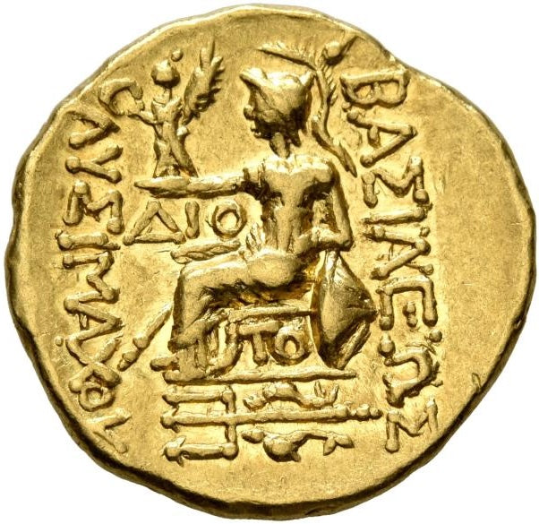 Monedă Stater, Mithridates VI Eupator, Regele Pontului, în numele lui Lysimachos, bătută la Tomis, cca. 88-86 î.e.n., aur, (clasată tezaur)