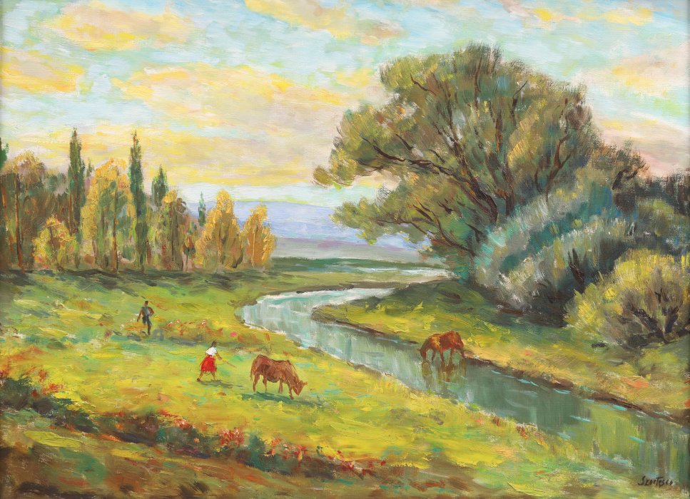 Paul Scorțescu - Vaches au bord de la rivière - Artiss