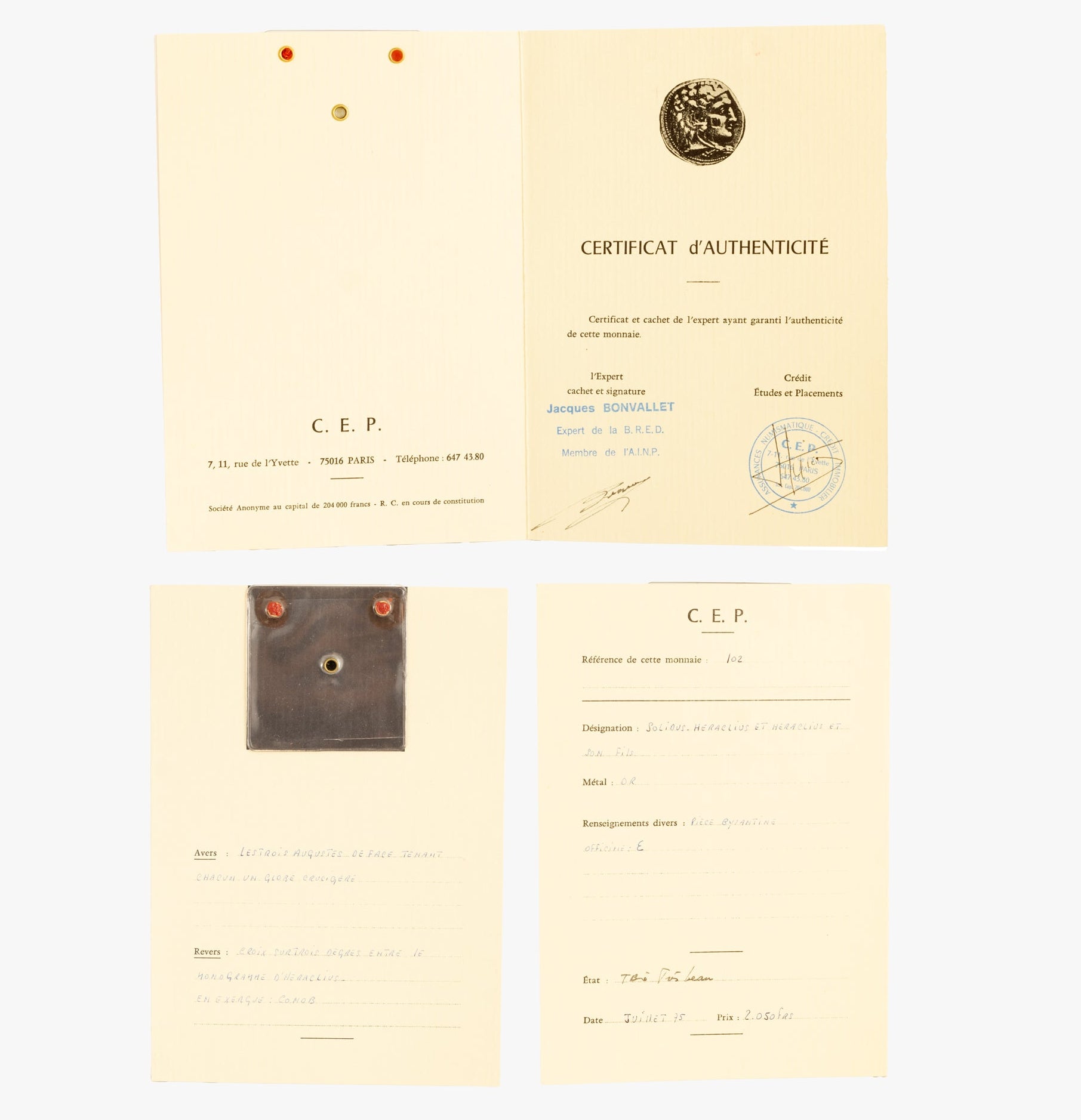 Monedă Solidus, Heraclius, Heraclius Constantin și Heraclonas, Imperiul Bizantin, 637–638 e.n., aur, cu certificat (clasată tezaur)