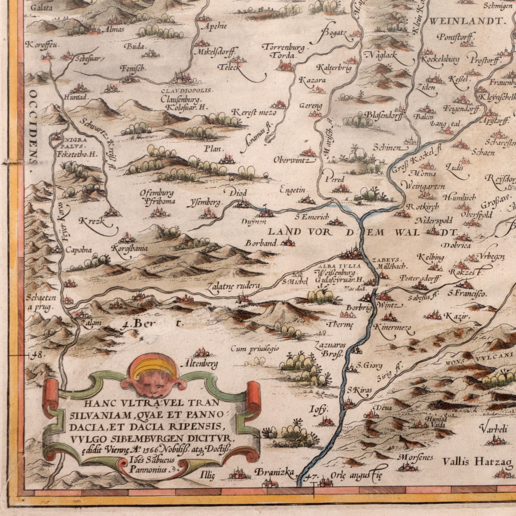 Hartă ”Transilvania”, de Johannes Sambucus, tipărită de Abraham Ortelius, atlasul Theatrum Orbis Terrarum, Antwerp, 1566 - Artiss