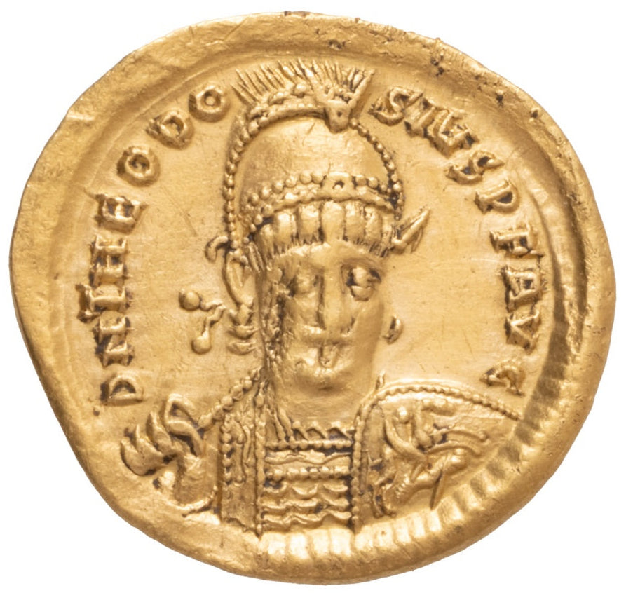 Monedă Solidus, Teodosius II, Imperiul Bizantin, 424-425 e.n., aur (ÎN CLASARE) - Artiss