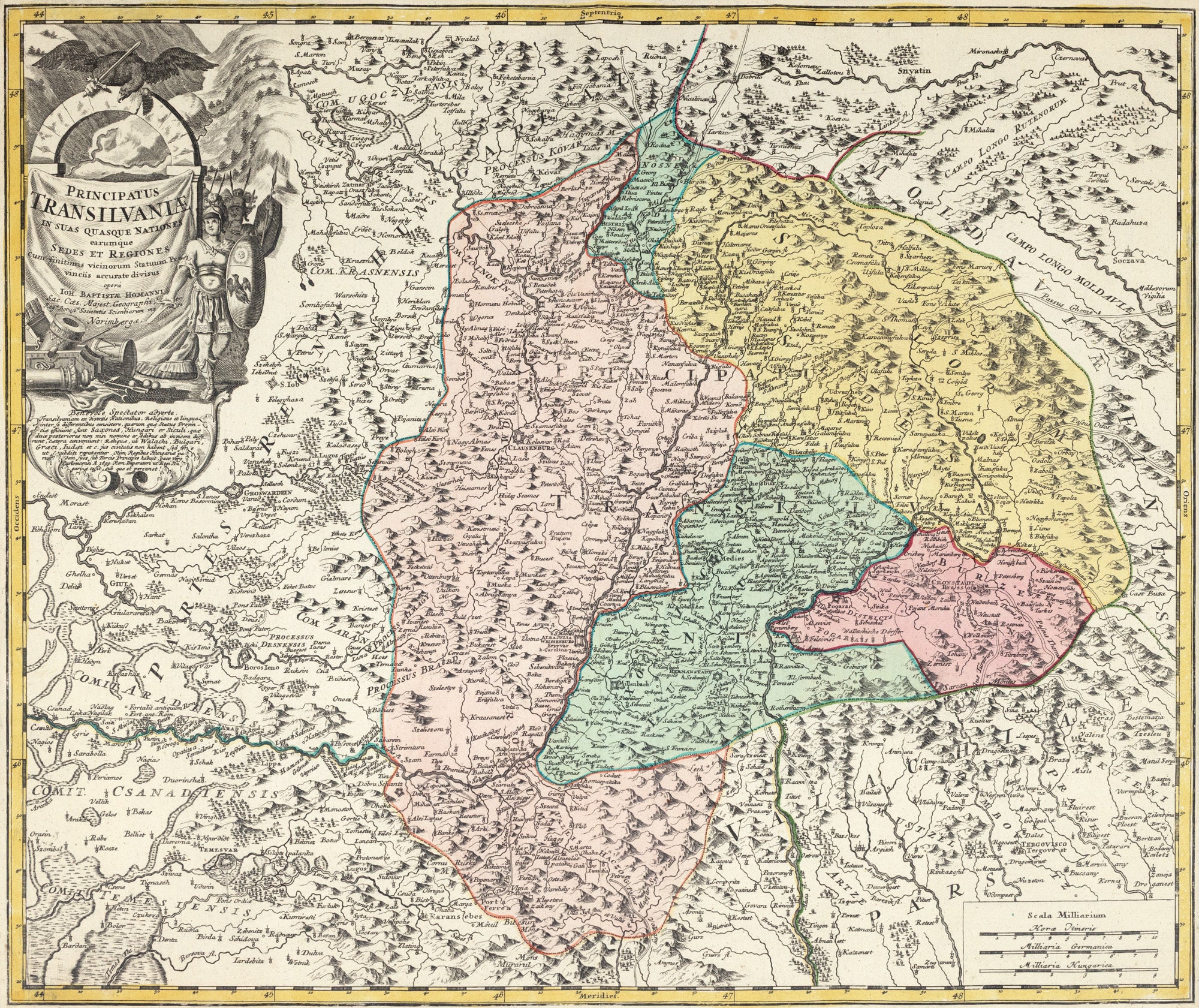 Hartă "Principatul Transilvaniei in fiecare din popoarele, casele și regiunile sale...", Johann Baptist Homann, NÜRNBERG, 1723
