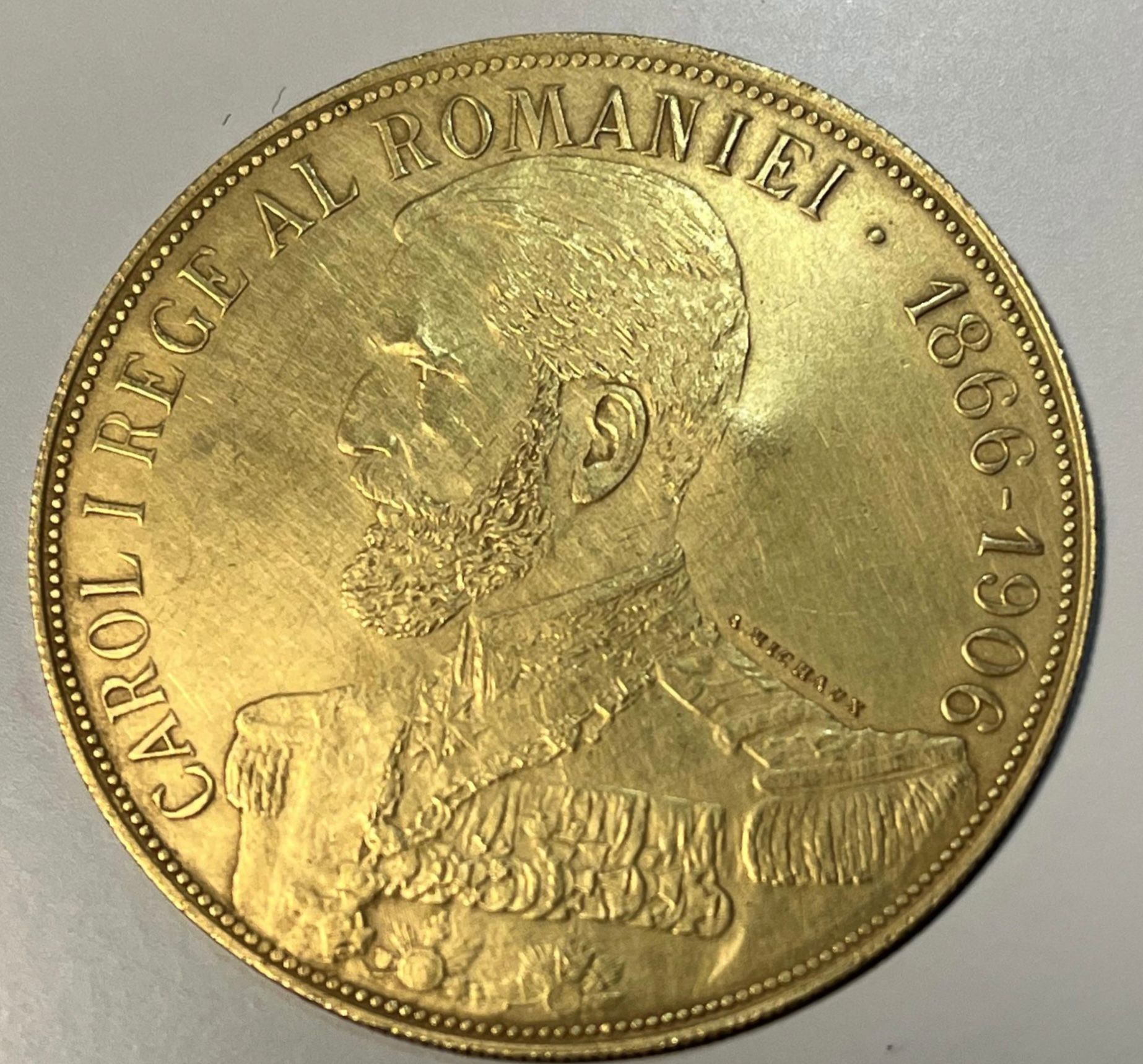 MONEDĂ JUBILIARĂ CAROL I, DIN AUR, CU VALOARE NOMINALĂ DE 50 DE LEI, GRAVOR ALPHONSE MICHAUX, 1906